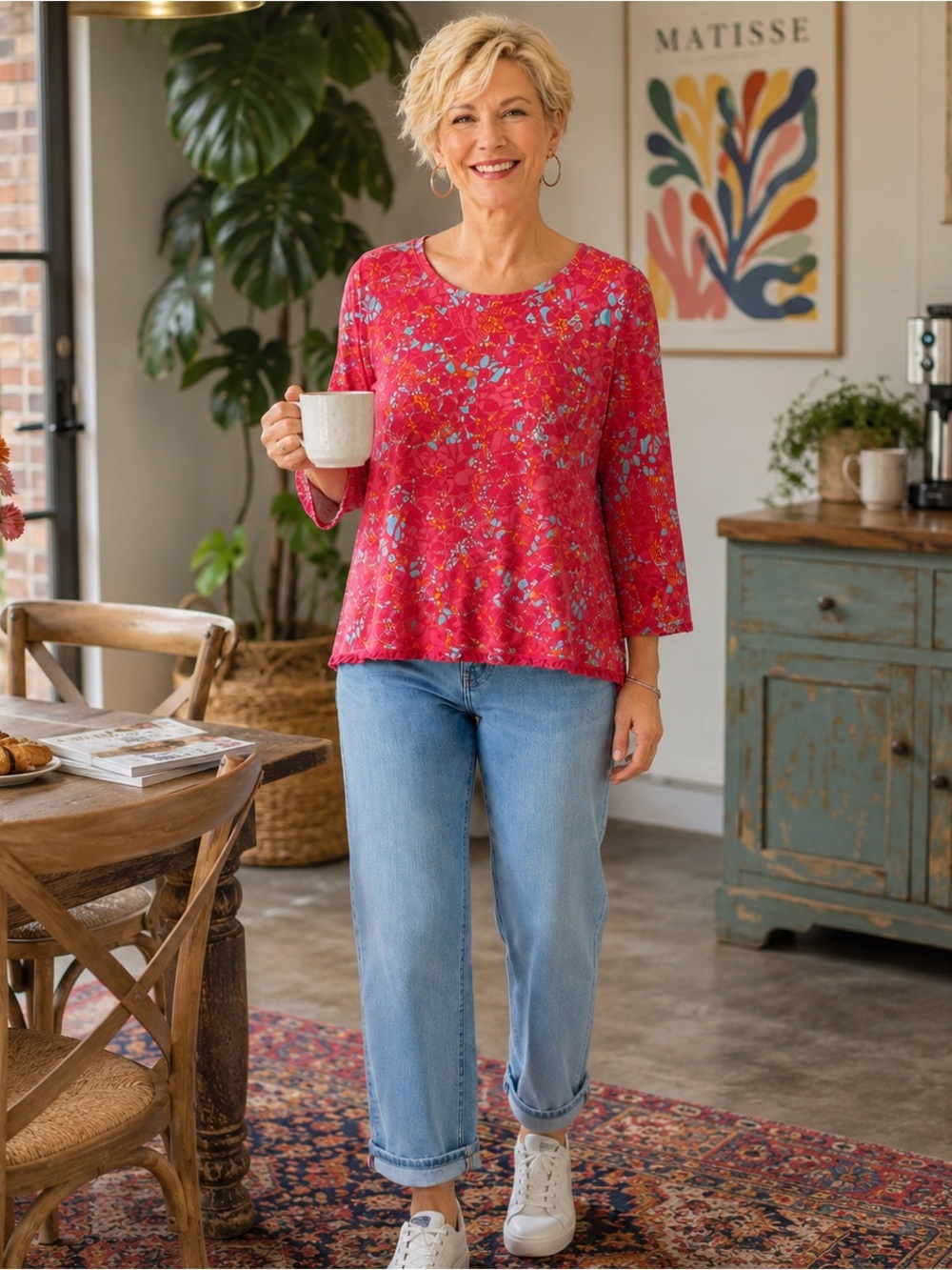 LOGO by Lori Goldstein Pink Floral Scoop-Neck Long Sleeve Tee